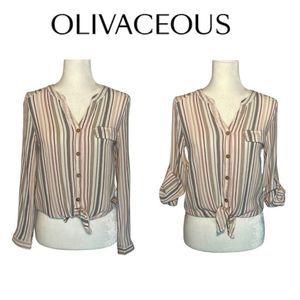 Olivaceous Tan Long Sleeve Striped Tie Blouse